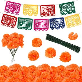 SUNKIM 69pcs Marigold Flower Heads and Mexican Party Banners Dia De Los Muertos Decorations Day of The Dead Halloween Diwali Ofrendas Altar Table Decorations Bulk Artificial Marigold Flower with Stems in Saudi Arabia