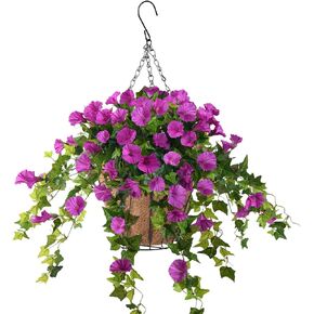 Homsunny Artificial Vine Silk Petunia Flowers,Hanging Plant in Basket,Coconut Lining Basket Hanging Plant for Patio Lawn Garden Decor(Blue)