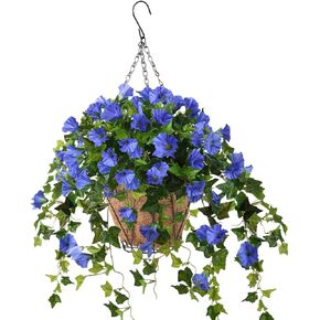 Homsunny Artificial Vine Silk Petunia Flowers,Hanging Plant in Basket,Coconut Lining Basket Hanging Plant for Patio Lawn Garden Decor(Blue)