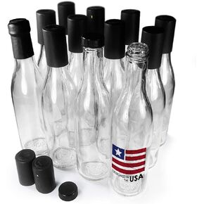 Woozy Bottles Empty 12.7 Oz Complete Sets of Premium Commercial Grade Clear Glass Dasher Woozy Bottle Shrink Capsule with Gold Tear Tab Leak Proof Screw Cap (Black 12 Sets) - 12 oz in Kuwait