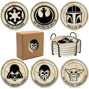 Star War Coasters for Drinks,6 PCS Funny Coasters Set with Coaster Holder,Stone&Cork Coasters for Coffee Table,Cute Coasters for Home Decor, Merchandise Show Gifts in Saudi Arabia