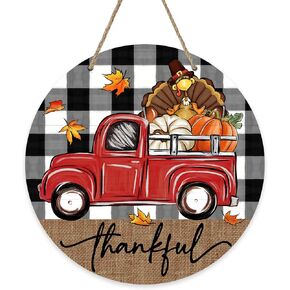Deroro Thanksgiving Thankful Truck Front Door Sign, Fall Turkey Pumpkin Wood Door Hanger Outdoor Outside Porch Decor, Autumn Buffalo Plaid Check Farmhouse Wooden Wreath Indoor Wall Hanging Decoration in Kuwait