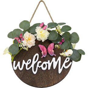 Welcome Sign for Front Door, Spring and Summer Eucalyptus Wreath, Farmhouse Wall and Porch Outdoor Hanging Hanger Decor, Classroom and Home Decor