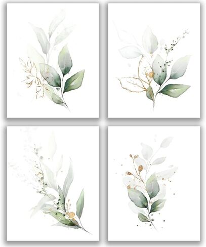 النباتات النباتية حياة بسيطة الورقة الخضراء اللوحة جدار الحمام ديكور فن الطباعة مجموعة من 4 (8 "X10")، الألوان المائية الحديثة بوهيميا النباتية الزهور يترك المطبخ صور النبات، بوهو ورقة الأوكالبتوس ديكور الحائط، لا الإطار in Kuwait