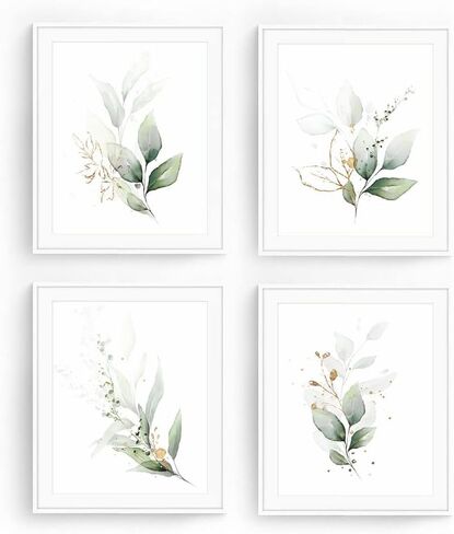 النباتات النباتية حياة بسيطة الورقة الخضراء اللوحة جدار الحمام ديكور فن الطباعة مجموعة من 4 (8 "X10")، الألوان المائية الحديثة بوهيميا النباتية الزهور يترك المطبخ صور النبات، بوهو ورقة الأوكالبتوس ديكور الحائط، لا الإطار in Kuwait