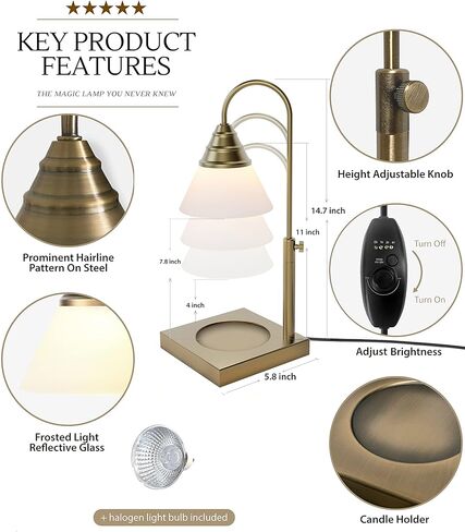 مصباح تسخين الشموع السحري من هيستيا، ارتفاع قابل للتعديل لجرة شمعة يانكي و3 برطمانات كبيرة فتيل، إطلاق رائحة خالية من السخام - مؤقت ومصباح شمعة قابل للتعتيم، مع لمبة 50 وات متضمنة، 110-120 فولت (ذهبي، باهت) in Kuwait