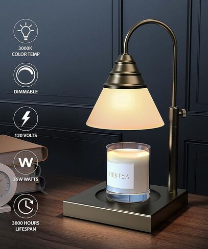 مصباح تسخين الشموع السحري من هيستيا، ارتفاع قابل للتعديل لجرة شمعة يانكي و3 برطمانات كبيرة فتيل، إطلاق رائحة خالية من السخام - مؤقت ومصباح شمعة قابل للتعتيم، مع لمبة 50 وات متضمنة، 110-120 فولت (ذهبي، باهت) in Kuwait