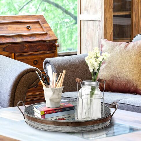Stonebriar 19.5" Decorative Oval Galvanized Tray with Rust Trim and Metal Handles, Large, Gray in Saudi Arabia