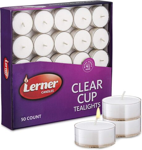 شموع Lerner Clear Tea Lights كبيرة - 4.5 ساعة كوب شفاف Tealight 50 عبوة - حرق نظيف متسق بدون رائحة - شموع العطلات، الزفاف، المنتجعات الصحية، الطوارئ وديكور المنزل in Saudi Arabia