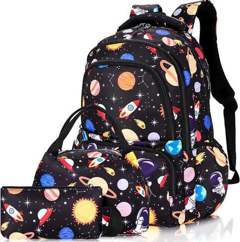 Car Space Theme Backpack Set for Boys,Kids Large Capacity Schoolbag,Lightweight Water Resistant Bookbag with Lunch Box and Pencil Case,Nylon Side Pocket in Saudi Arabia
