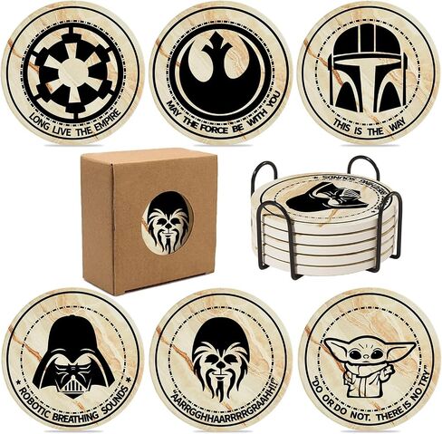 Star War Coasters for Drinks,6 PCS Funny Coasters Set with Coaster Holder,Stone&Cork Coasters for Coffee Table,Cute Coasters for Home Decor, Merchandise Show Gifts in Saudi Arabia