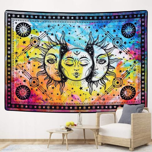 Lyacmy Sun and Moon Tapestry Burning Sun Tapestry Colorful Starry Tapestry Psychedelic Mystic Tapestry Wall Hanging for Room (70.9 x 92.5 inches) in Kuwait