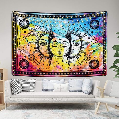 Lyacmy Sun and Moon Tapestry Burning Sun Tapestry Colorful Starry Tapestry Psychedelic Mystic Tapestry Wall Hanging for Room (70.9 x 92.5 inches) in Kuwait