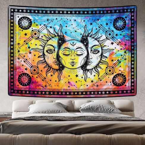 Lyacmy Sun and Moon Tapestry Burning Sun Tapestry Colorful Starry Tapestry Psychedelic Mystic Tapestry Wall Hanging for Room (70.9 x 92.5 inches) in Kuwait