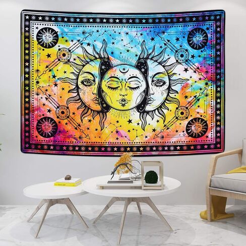 Lyacmy Sun and Moon Tapestry Burning Sun Tapestry Colorful Starry Tapestry Psychedelic Mystic Tapestry Wall Hanging for Room (70.9 x 92.5 inches) in Kuwait