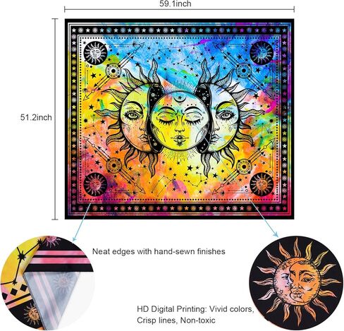 Lyacmy Sun and Moon Tapestry Burning Sun Tapestry Colorful Starry Tapestry Psychedelic Mystic Tapestry Wall Hanging for Room (70.9 x 92.5 inches) in Kuwait