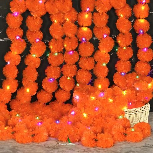 اكليل زهور القطيفة للتزيين، 5 قطع من اكليل زهور القطيفة مع ضوء للديكور الهندي، ديكورات زهرة القطيفة الاصطناعية بطول 5 قدم، زهور القطيفة ليوم الموتى وحفلات الزفاف والهالوين in Kuwait