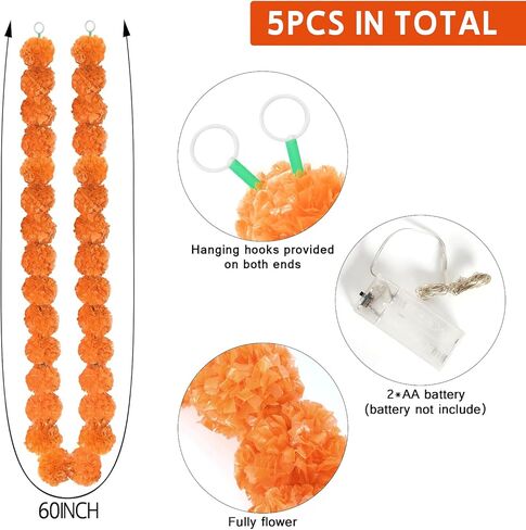 اكليل زهور القطيفة للتزيين، 5 قطع من اكليل زهور القطيفة مع ضوء للديكور الهندي، ديكورات زهرة القطيفة الاصطناعية بطول 5 قدم، زهور القطيفة ليوم الموتى وحفلات الزفاف والهالوين in Kuwait