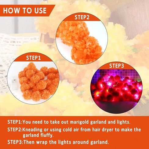اكليل زهور القطيفة للتزيين، 5 قطع من اكليل زهور القطيفة مع ضوء للديكور الهندي، ديكورات زهرة القطيفة الاصطناعية بطول 5 قدم، زهور القطيفة ليوم الموتى وحفلات الزفاف والهالوين in Kuwait