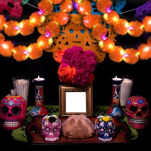 اكليل زهور القطيفة للتزيين، 5 قطع من اكليل زهور القطيفة مع ضوء للديكور الهندي، ديكورات زهرة القطيفة الاصطناعية بطول 5 قدم، زهور القطيفة ليوم الموتى وحفلات الزفاف والهالوين in Kuwait