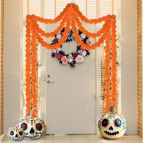 اكليل زهور القطيفة للتزيين، 5 قطع من اكليل زهور القطيفة مع ضوء للديكور الهندي، ديكورات زهرة القطيفة الاصطناعية بطول 5 قدم، زهور القطيفة ليوم الموتى وحفلات الزفاف والهالوين in Kuwait