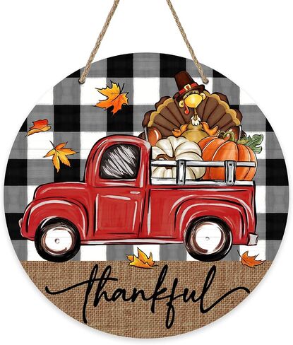 Deroro Thanksgiving Thankful Truck Front Door Sign, Fall Turkey Pumpkin Wood Door Hanger Outdoor Outside Porch Decor, Autumn Buffalo Plaid Check Farmhouse Wooden Wreath Indoor Wall Hanging Decoration in Kuwait