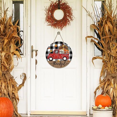 Deroro Thanksgiving Thankful Truck Front Door Sign, Fall Turkey Pumpkin Wood Door Hanger Outdoor Outside Porch Decor, Autumn Buffalo Plaid Check Farmhouse Wooden Wreath Indoor Wall Hanging Decoration in Kuwait