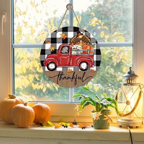 Deroro Thanksgiving Thankful Truck Front Door Sign, Fall Turkey Pumpkin Wood Door Hanger Outdoor Outside Porch Decor, Autumn Buffalo Plaid Check Farmhouse Wooden Wreath Indoor Wall Hanging Decoration in Kuwait