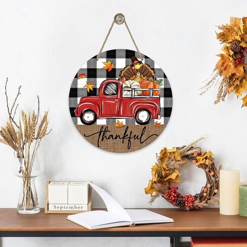 Deroro Thanksgiving Thankful Truck Front Door Sign, Fall Turkey Pumpkin Wood Door Hanger Outdoor Outside Porch Decor, Autumn Buffalo Plaid Check Farmhouse Wooden Wreath Indoor Wall Hanging Decoration in Kuwait