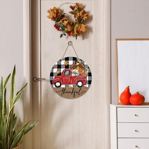 Deroro Thanksgiving Thankful Truck Front Door Sign, Fall Turkey Pumpkin Wood Door Hanger Outdoor Outside Porch Decor, Autumn Buffalo Plaid Check Farmhouse Wooden Wreath Indoor Wall Hanging Decoration in Kuwait