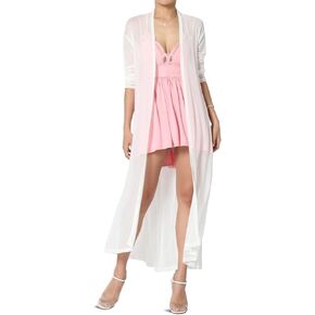 Women's Sheer Mesh Long Sleeve Open Front Maxi Cardigan Mid-Calf Caftan Duster