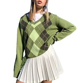 Women Argyle Plaid Knit Sweater Preppy Long Sleeve Pullover Tops Teen Girls Retro Fall Winter Clothes Streetwear in Saudi Arabia