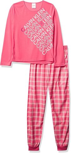 Calvin Klein Girls' Sleepwear Long Sleeve Tee & Jogger Plaid Pajama Set in Saudi Arabia