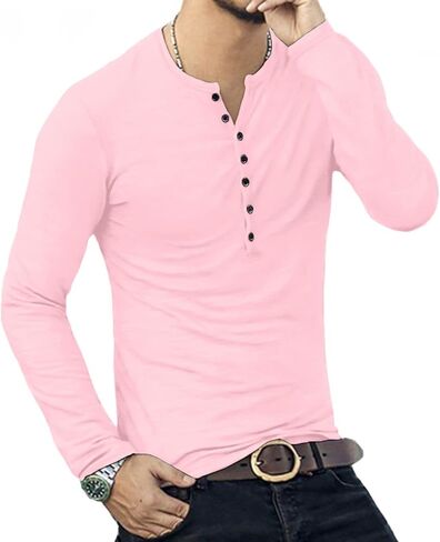 تي شيرت YTD رجالي كاجوال بمقاس نحيف أساسي Henley بأكمام طويلة in Kuwait