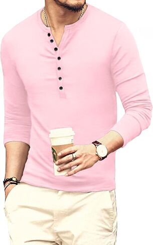 تي شيرت YTD رجالي كاجوال بمقاس نحيف أساسي Henley بأكمام طويلة in Kuwait