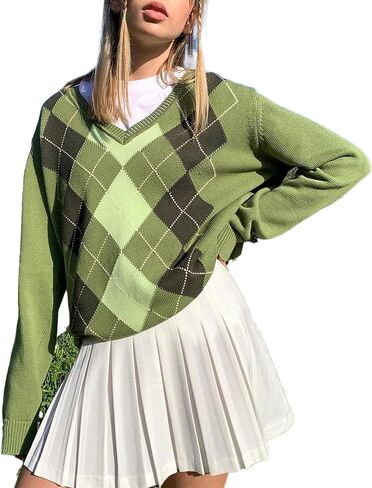 Women Argyle Plaid Knit Sweater Preppy Long Sleeve Pullover Tops Teen Girls Retro Fall Winter Clothes Streetwear in Saudi Arabia