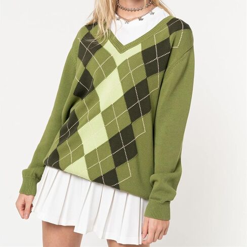 Women Argyle Plaid Knit Sweater Preppy Long Sleeve Pullover Tops Teen Girls Retro Fall Winter Clothes Streetwear in Saudi Arabia