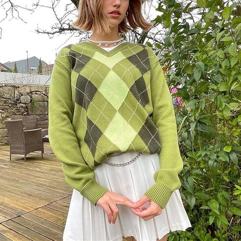 Women Argyle Plaid Knit Sweater Preppy Long Sleeve Pullover Tops Teen Girls Retro Fall Winter Clothes Streetwear in Saudi Arabia