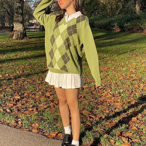 Women Argyle Plaid Knit Sweater Preppy Long Sleeve Pullover Tops Teen Girls Retro Fall Winter Clothes Streetwear in Saudi Arabia