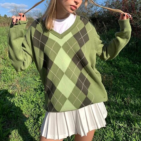 Women Argyle Plaid Knit Sweater Preppy Long Sleeve Pullover Tops Teen Girls Retro Fall Winter Clothes Streetwear in Saudi Arabia