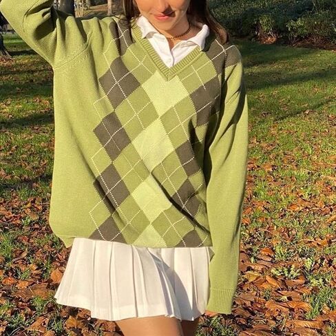 Women Argyle Plaid Knit Sweater Preppy Long Sleeve Pullover Tops Teen Girls Retro Fall Winter Clothes Streetwear in Saudi Arabia