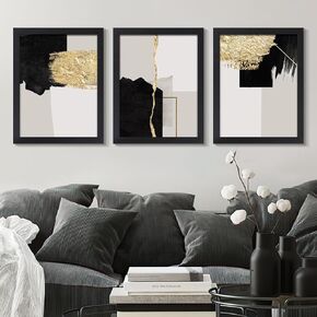 QTESPEII Set of 3 Abstract Canvas Wall Art Black and Gold Geometric Color Blocks Paintings Print Pictures Minimalist Art Decor for Living Room Bedroom Home Office Decoration Framed, 12x16inch