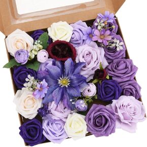 Dusty Blue Artificial Flowers Combo Box Set,Fake Silk Flowers Arrangement Bouquets with Stem Leaf for DIY Wedding Flower Centerpiece Wedding Centerpieces, Blue and White