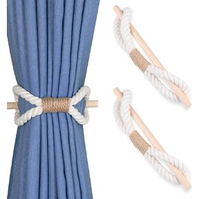 OCIOLI Boho Curtain Tiebacks, 2 Pieces Handmade Curtain Ties with Wood Club, Beige Cotton Rope, Curtain Tie Backs for Drapes, Farmhouse Decor, Boho Decor (Beige Cotton Rope, 2)