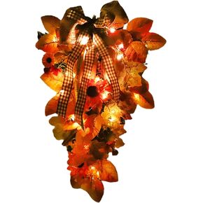Fall Swag Thanksgiving Wreaths for Front Door, 19.7 Inch Maple Swag, Autumn Sunflower Door with Daisy Flower Ribbon, Harvest Decor, Lights, 50 x 33 cm/20 x 13 inch in Kuwait