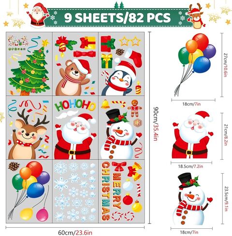 Christmas Window Clings 9 Sheets Christmas Window Stickers Santa Snowman Reindeer Xmas Snowflake Merry Christmas Window Clings, Double-Side Window Decals for Party Decorations Home School Glass in Saudi Arabia