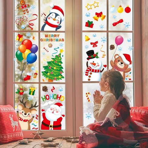 Christmas Window Clings 9 Sheets Christmas Window Stickers Santa Snowman Reindeer Xmas Snowflake Merry Christmas Window Clings, Double-Side Window Decals for Party Decorations Home School Glass in Saudi Arabia