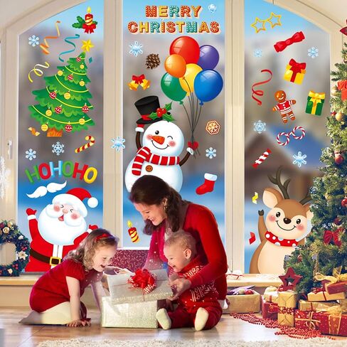 Christmas Window Clings 9 Sheets Christmas Window Stickers Santa Snowman Reindeer Xmas Snowflake Merry Christmas Window Clings, Double-Side Window Decals for Party Decorations Home School Glass in Saudi Arabia