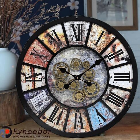 ساعة حائط Pyhoobor الصناعية Steampunk تعمل بالبطارية، ساعة عتيقة لمزرعة ريفية حديثة مع تروس متحركة حقيقية، لغرفة المعيشة، المكتب، أو ديكور البار (16.5 بوصة/21 بوصة) in Kuwait
