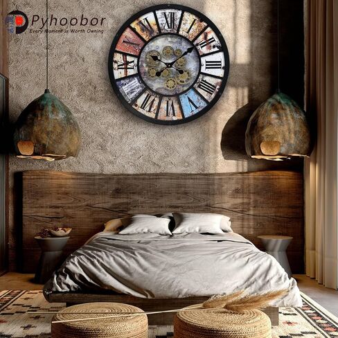 ساعة حائط Pyhoobor الصناعية Steampunk تعمل بالبطارية، ساعة عتيقة لمزرعة ريفية حديثة مع تروس متحركة حقيقية، لغرفة المعيشة، المكتب، أو ديكور البار (16.5 بوصة/21 بوصة) in Kuwait